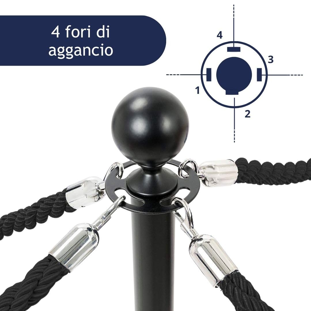 Danieli - Colonnina Segnapercorso per Cordoni Intrecciati 2 Metri. Base Conica con Anello Antiruggine in ABS Nero. Ideale come Paletti di Delimitazione in Hotel, Musei, Teatri. (Nero Opaco)