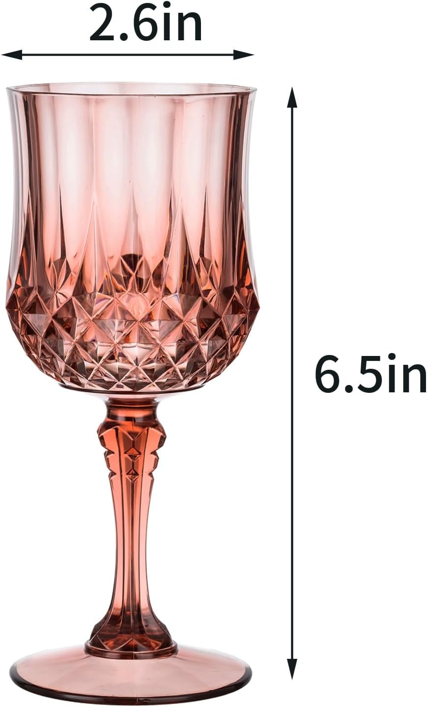 7OZ Plastic Wine Glasses, 10Pcs Rose Red Reusable Drinking Cups Vintage Champagne Flutes, Plastic Crystal Water Goblets for Parties Stemmed Shatterproof Drinking Glasses for Wedding, Toasting Party - Image 3