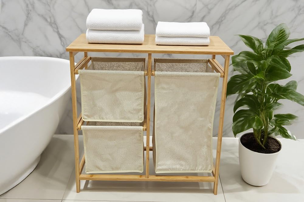 Riess Ambiente Wäschekorb Lagoon SPA - 70cm - beige Natur - Bambusholz | Hohe Belastbarkeit, stabile Konstruktion, textiler Bezug, Massivholz