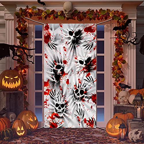 Halloween Skeleton Door Cover Window and Wall Cover Decoration Halloween Skeleton Scary Backdrop Funny Halloween Photo Props with Rope for Indoor Outdoor Halloween Party Decoration, 71 x 35 Inches