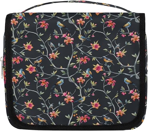 Neceser para mujer, diseño de flores, árboles, pájaros, organizador de maquillaje de viaje con gancho para colgar, bolsas de cosméticos de viaje
