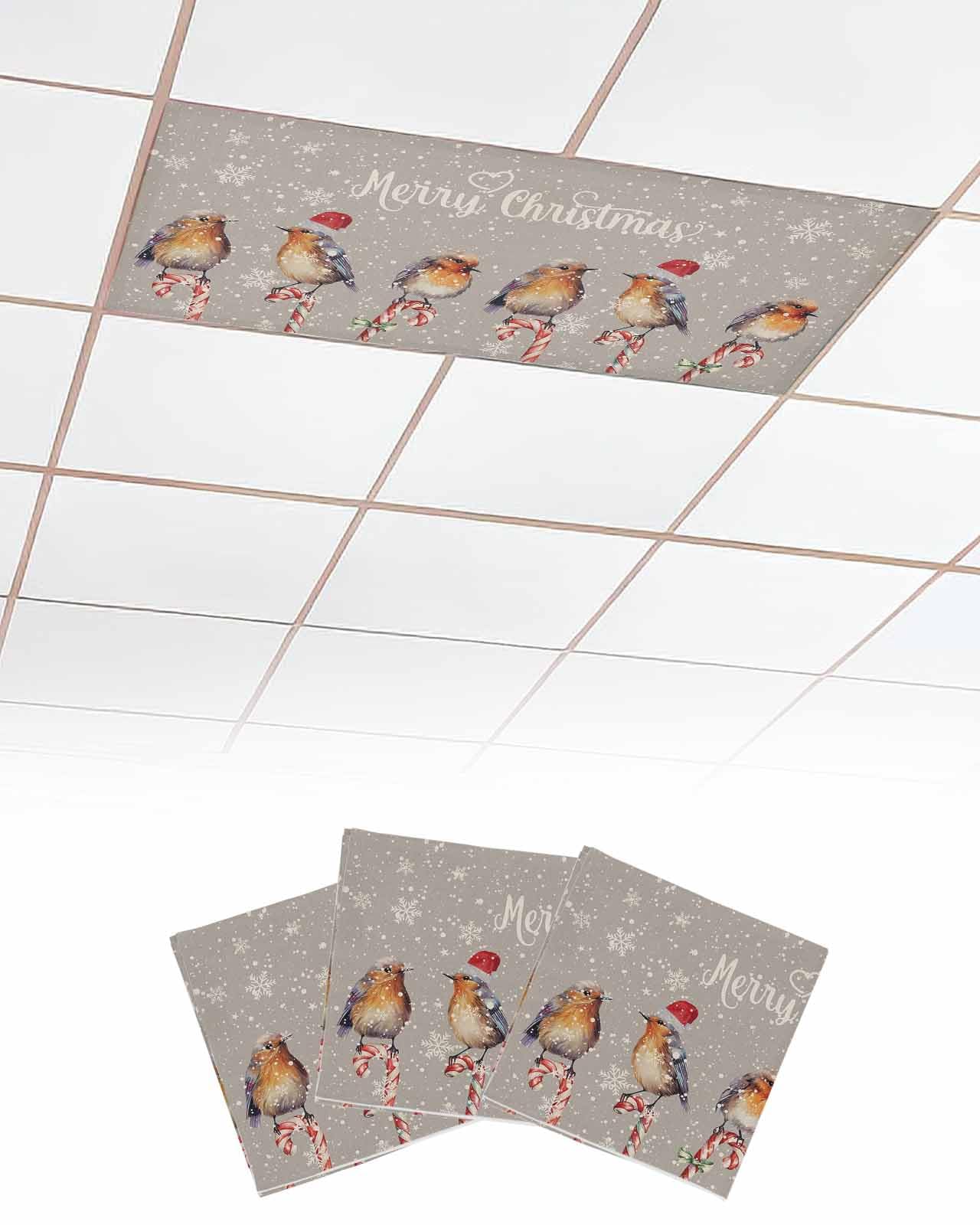 Christmas 3 Pcs Fluorescent Light Covers for Ceiling Lights, Watercolor Birds Snowflake Grey Linen Texture Magnetic Light Filters for Eliminate Harsh Glare Classroom Office Decoration, 4 x 2 Ft