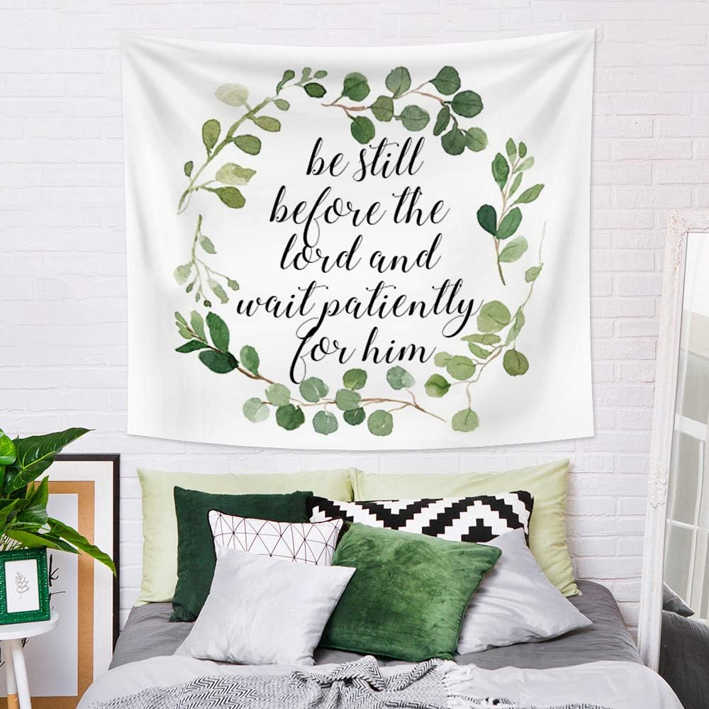 YongFoto 70.9x63.0 inches Bible Verses Tapestry Wall Hanging Be Still Before The Lord And Wait Patiently for Him Green Leaves Wreath Tapestry Motivational Scripture Wall Art Tapestry Home Decor