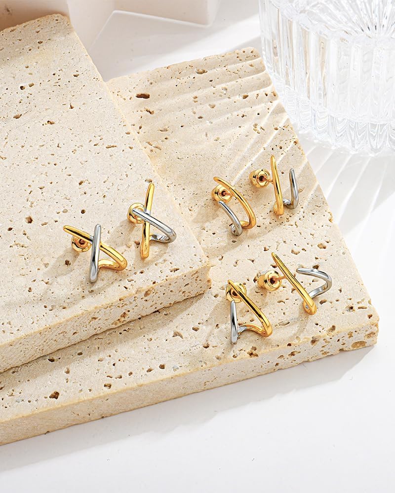 Small Two Tone Stud Earrings for Women Trendy Gold and Silver Minimalist Cross Earring Dainty Earrings Mixed Metal Jewelry Gifts for Daily Wear,3 Styles - Image 8