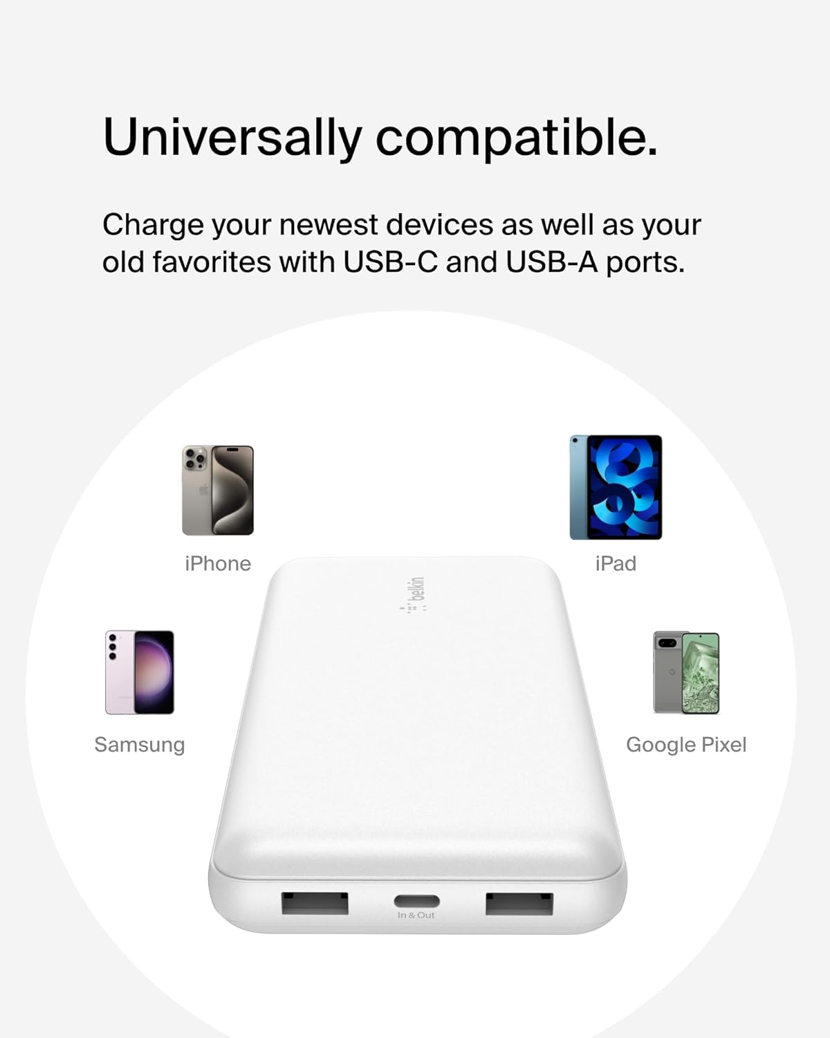 Belkin Portable Charger, USB C Power Bank 20000 mAh w/ 1xUSB-C Port & 2xUSB-A Ports, 15W w/Type-C to Type-A Cable - iPhone 17, Samsung Galaxy S25, Nintendo Switch 2, Google Pixel 10, etc. - White