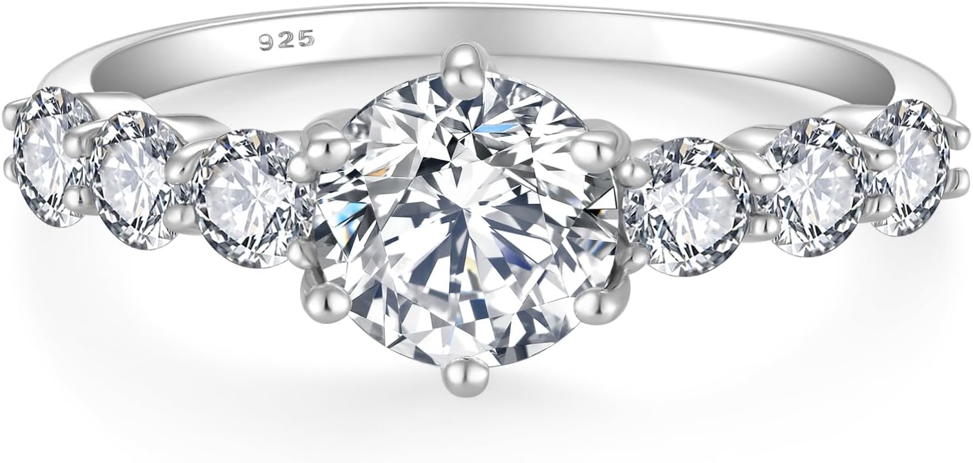 Moissanite Engagement Ring, 1 Carat D Color VVS1 Round Cut 925 Sterling Silver Anniversary Wedding Promise Ring for Women Size 5-10
