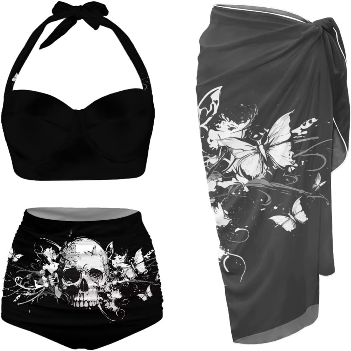 Skull Print Swimsuit Bikini Set for Women with Swim Cover up Wrap Sarong Bathing Suit Beach Outfit
