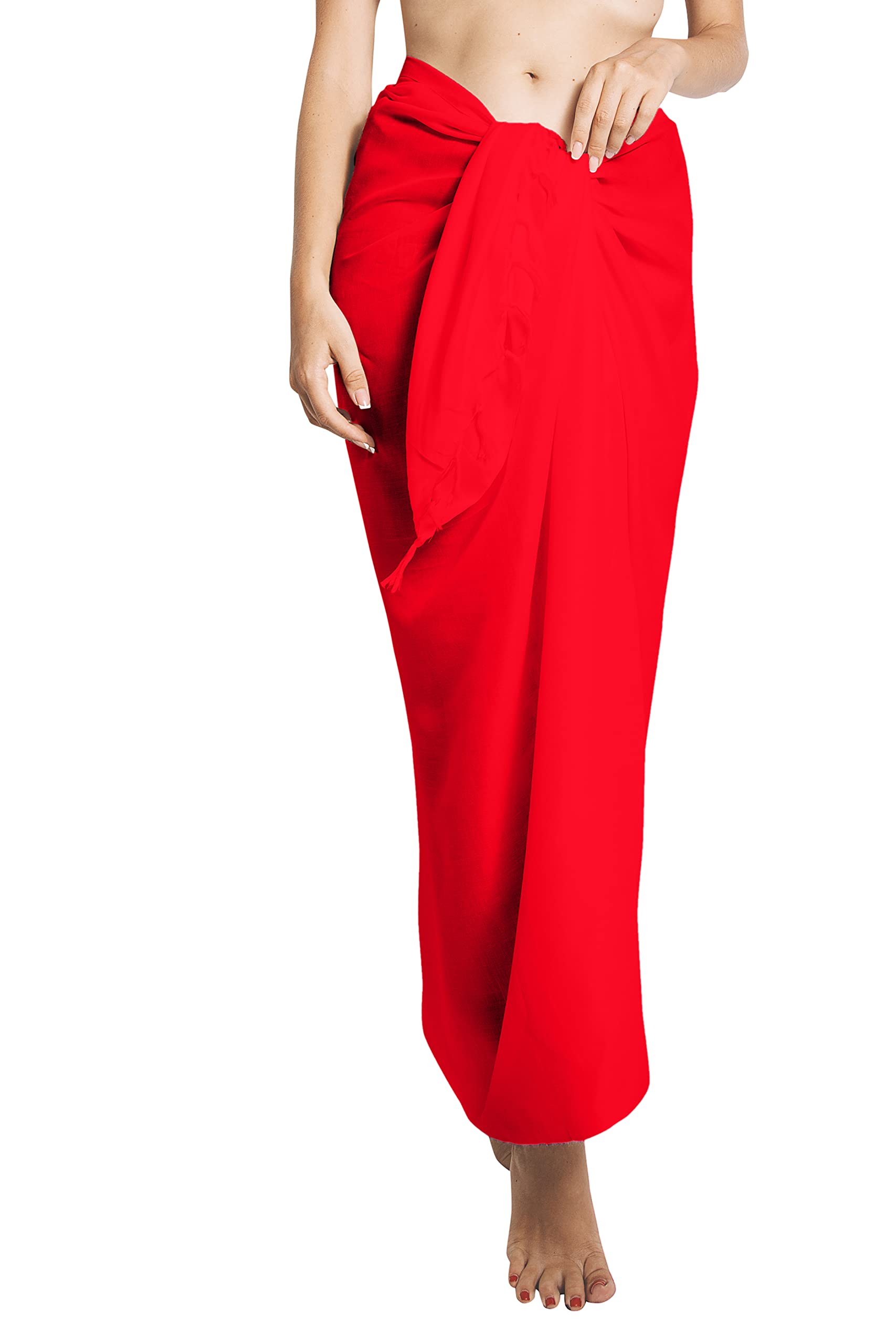 Chainupon Women's Solid Red Beach Pareos Sarong Sheer Long Swimsuit Cover Ups Bikini Wrap Skirt (Solid Red)