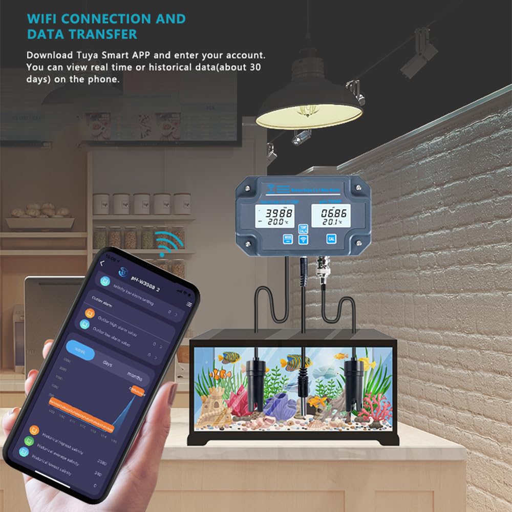 Tester digitale di qualità dell'acqua, montaggio a parete, analizzatore dell'acqua 6 in 1, PH/EC/TDS/SALT/S.G./temperatura, monitoraggio remoto APP, notifica di allarme per acqua potabile,