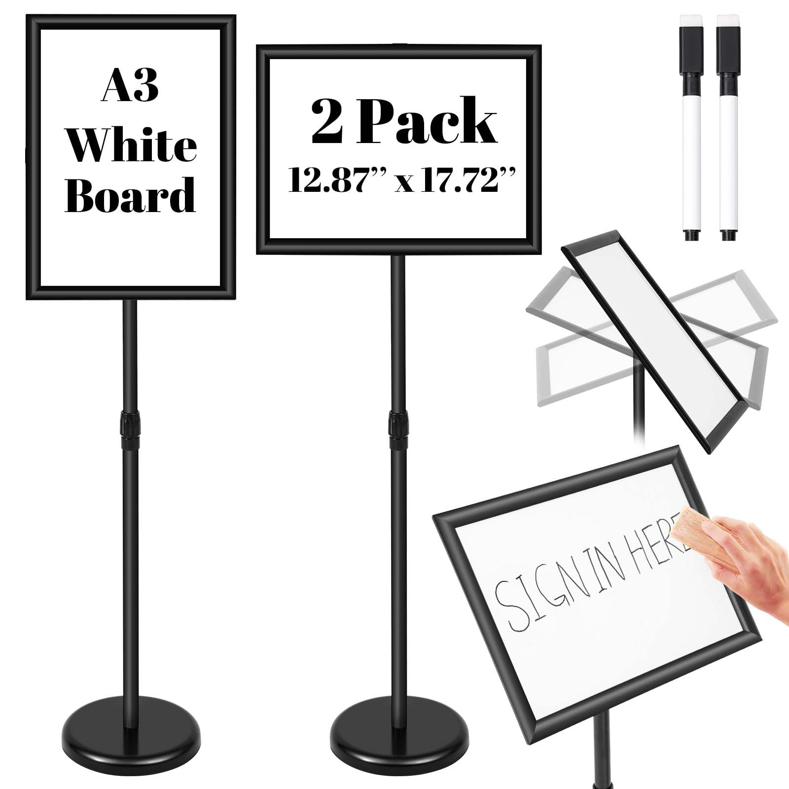Photo 1 of Gilprop 2 Pack 12.87 x 17.72 Inch Adjustable Pedestal Floor Stand Sign Holder with Adhesive Whiteboard Sticker and Dry Erase Whiteboard Pen Rotation Outdoor Indoor Standing Display Sign Holder