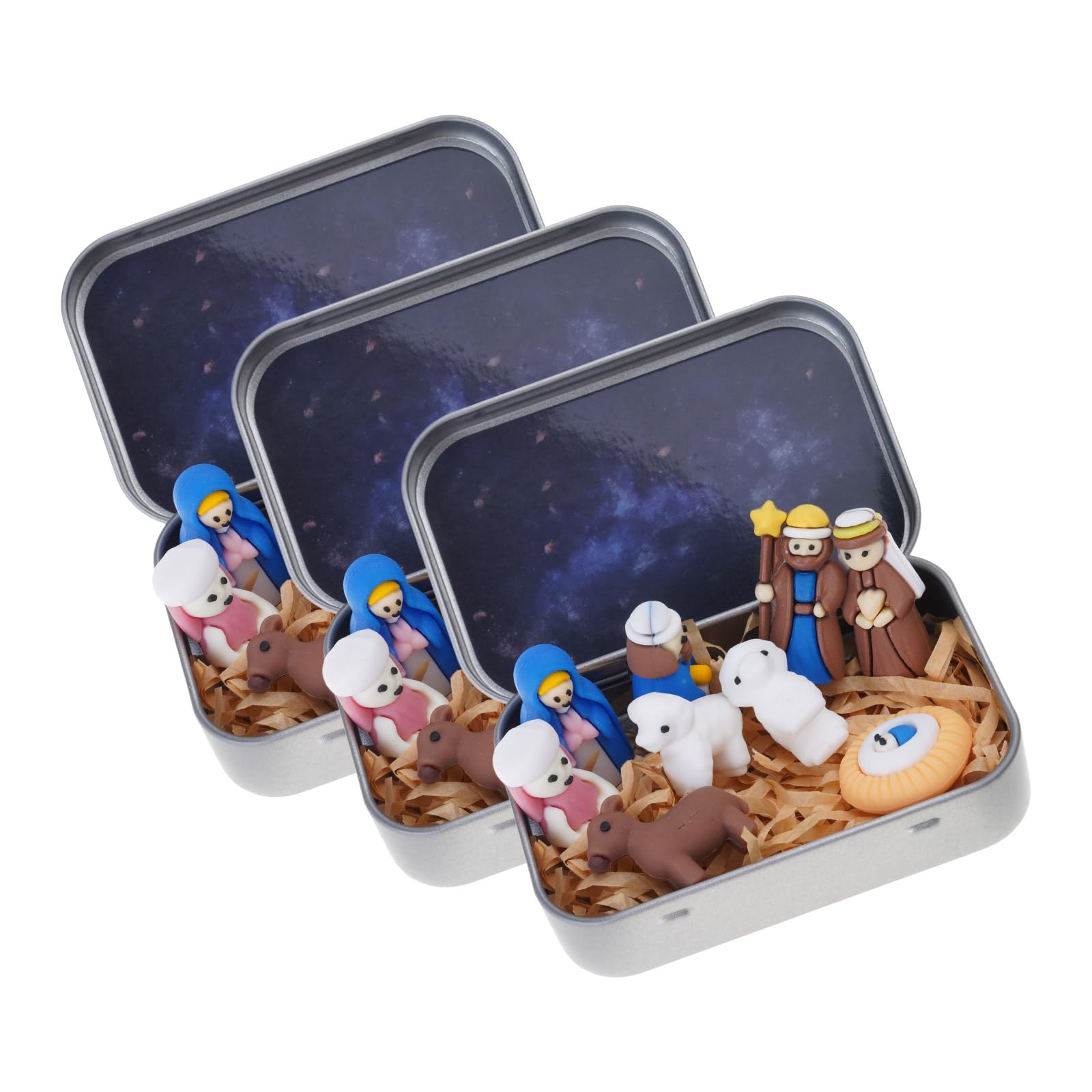 Piceioep Sized Christmas Bethlehem Scene Ornament Handcrafted PVC Design Nativity Scene for Year End Celebrations Display Sustainable Nativity in a Tin Box
