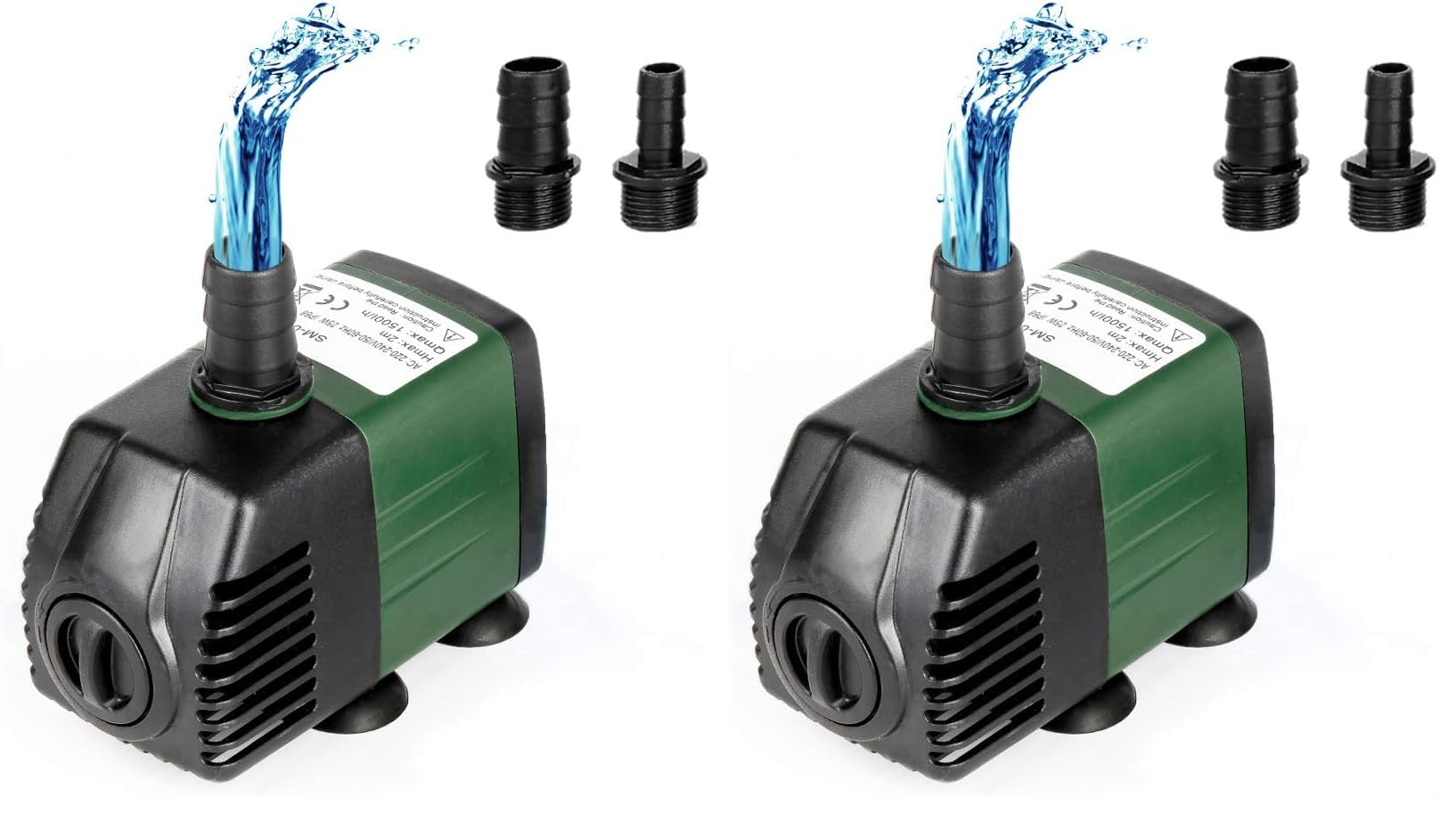 Bomba de Agua Sumergible 1500L/H 25W para Acuario Estanque Pecera Fuente Circulación de Agua Dulce y Marino con 2 Boquillas 2m de Altura (Paquete de 2)