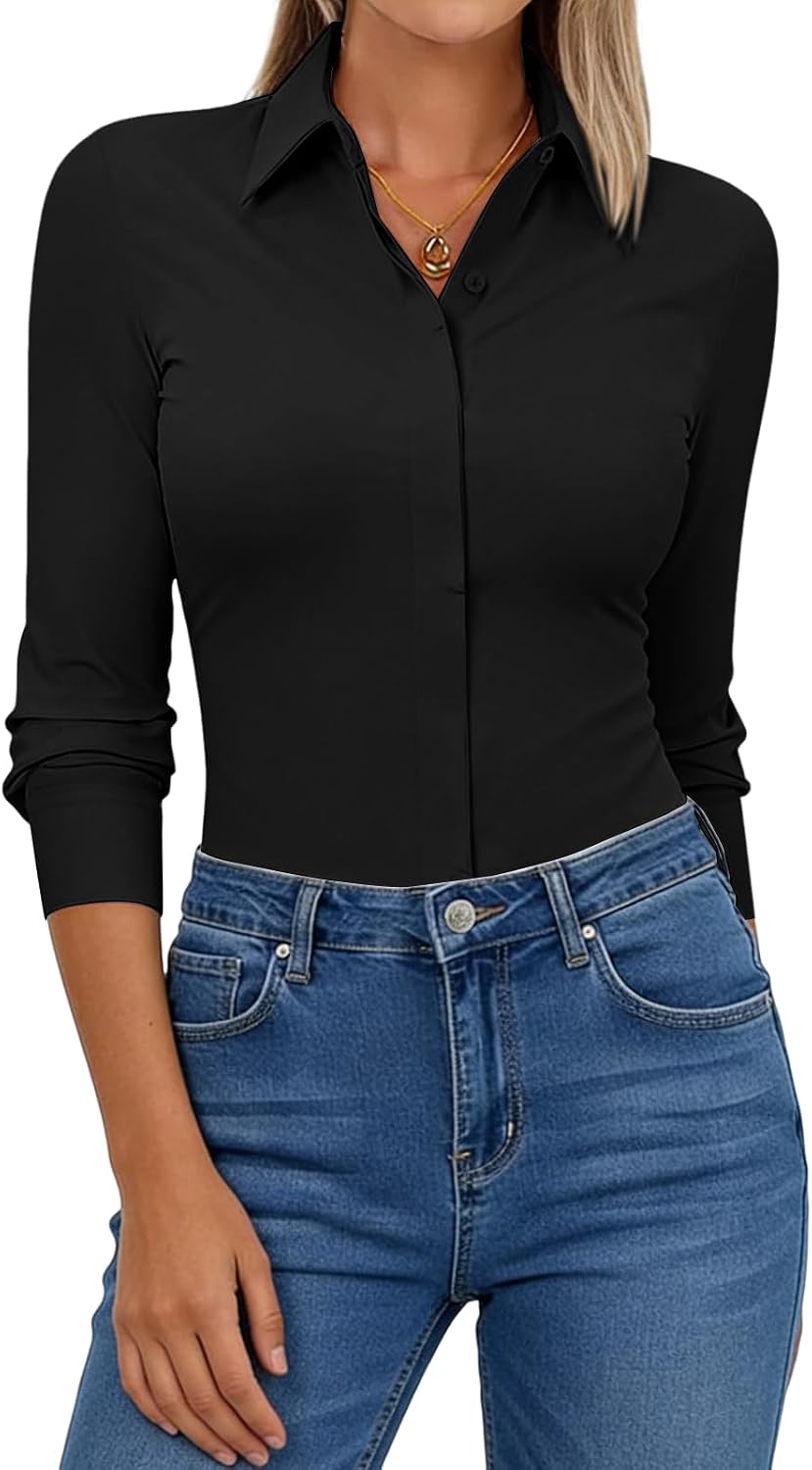 Aoudery Button Down Shirts for Women Slim Fit Long Sleeve Stretch Dress Shirts Work Shirt Wrinkle Free