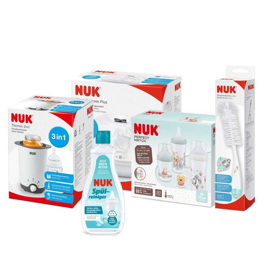 NUK Complete Welcome Set Medium – Erstausstattung für Neugeborene | Perfect Match Flaschenset | Spülreiniger | 2in1 Flaschenbürste | Flaschenwärmer & Mikrowellen-Sterilisator