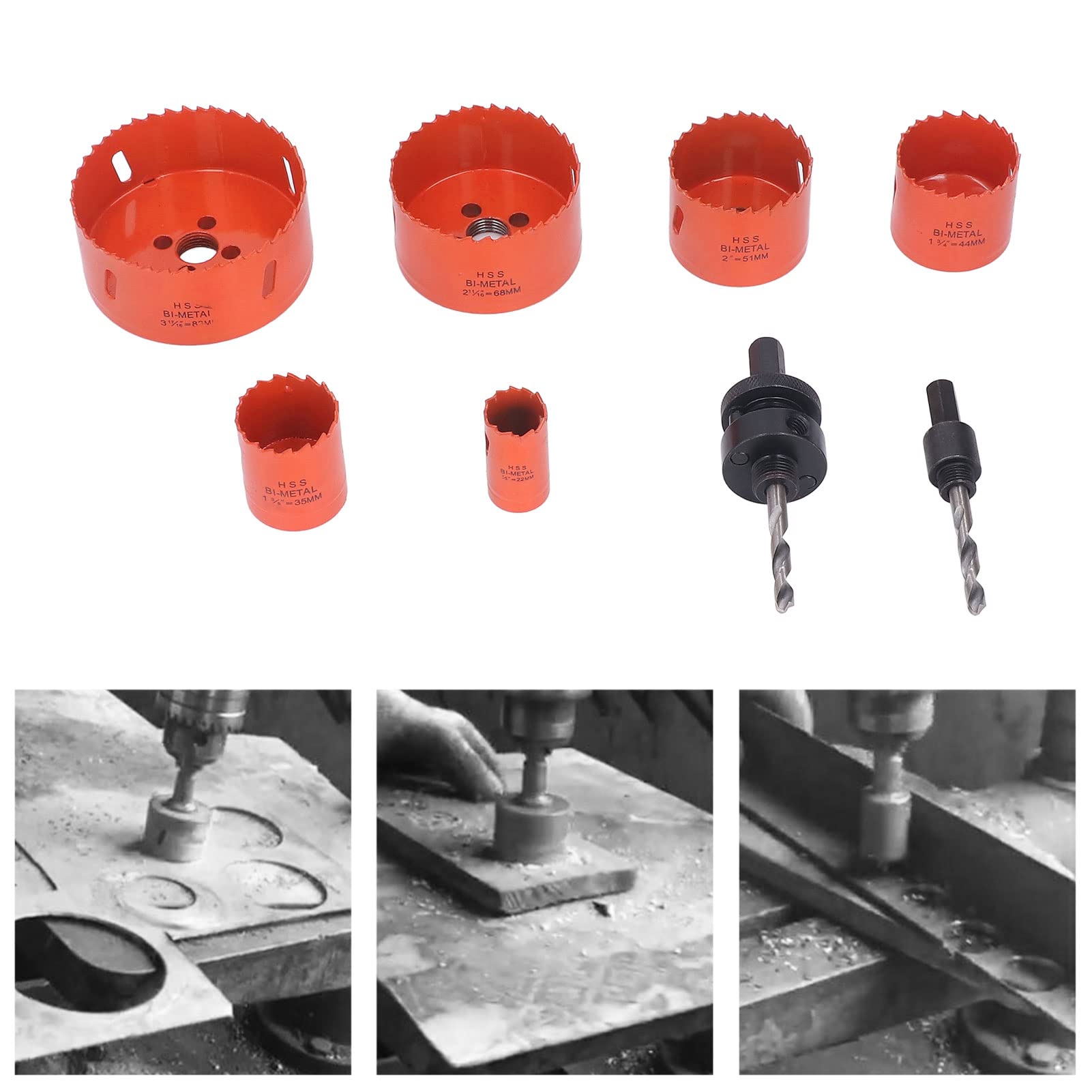 Respicefinem 8PCS Hole Saw Kit with Low Drilling Orange HSS Cutting Tools Ideal for Plastic Metal and Wood Comes with Storage Box Contains 2 Twist Drills 6 Different Sizes Hole