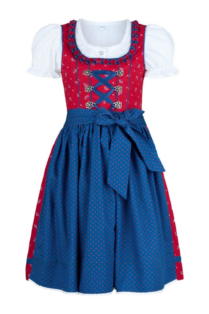 Nübler Dirndl Mädchen - 3 teiliges Set Dirndl Kleid mit Trachtenbluse und Schürze tradtionell - Moderne bayrische Tracht, Emilia Rot 128