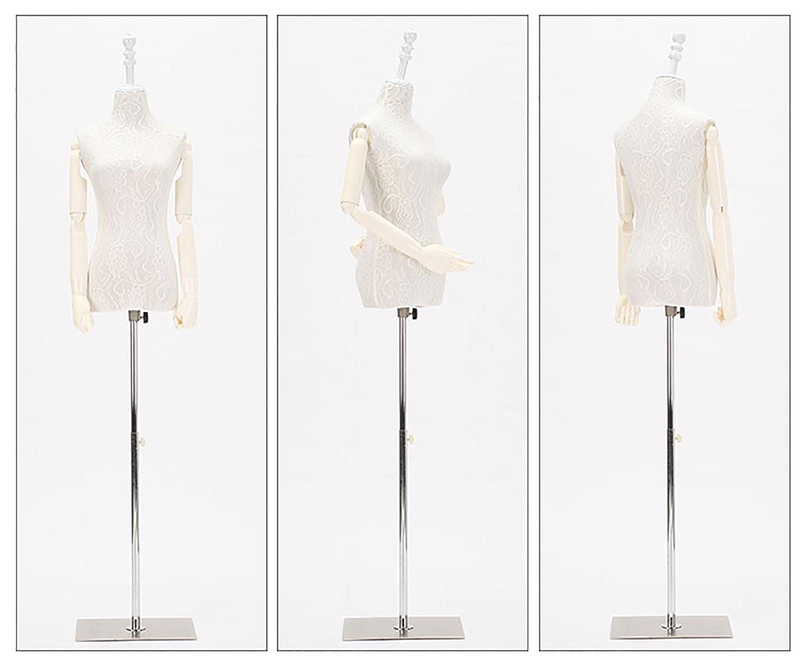 Kobieca sukienka w formie manekinów Stojak z drewnianymi ramionami i koronkową tkaniną, model dla dorosłych z regulacją wysokości do ekspozycji odzieży(White,Medium)