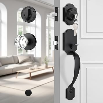 EHOMEWARE Matte Black Front Door Lock Set, Front Door Handle Exterior, Entry Door Locksets with Single Deadbolt, Heavy Duty Front Door Hardware, Stylish Crystal Design, Fits Both Left/Right Doors