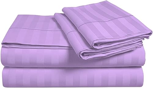 Suave y cómodo. 400 hilos de 4 piezas, 100% algodón, ultra suave y sedoso. Bolsillo profundo de 22 pulgadas de profundidad. Rayas lavanda, tamaño