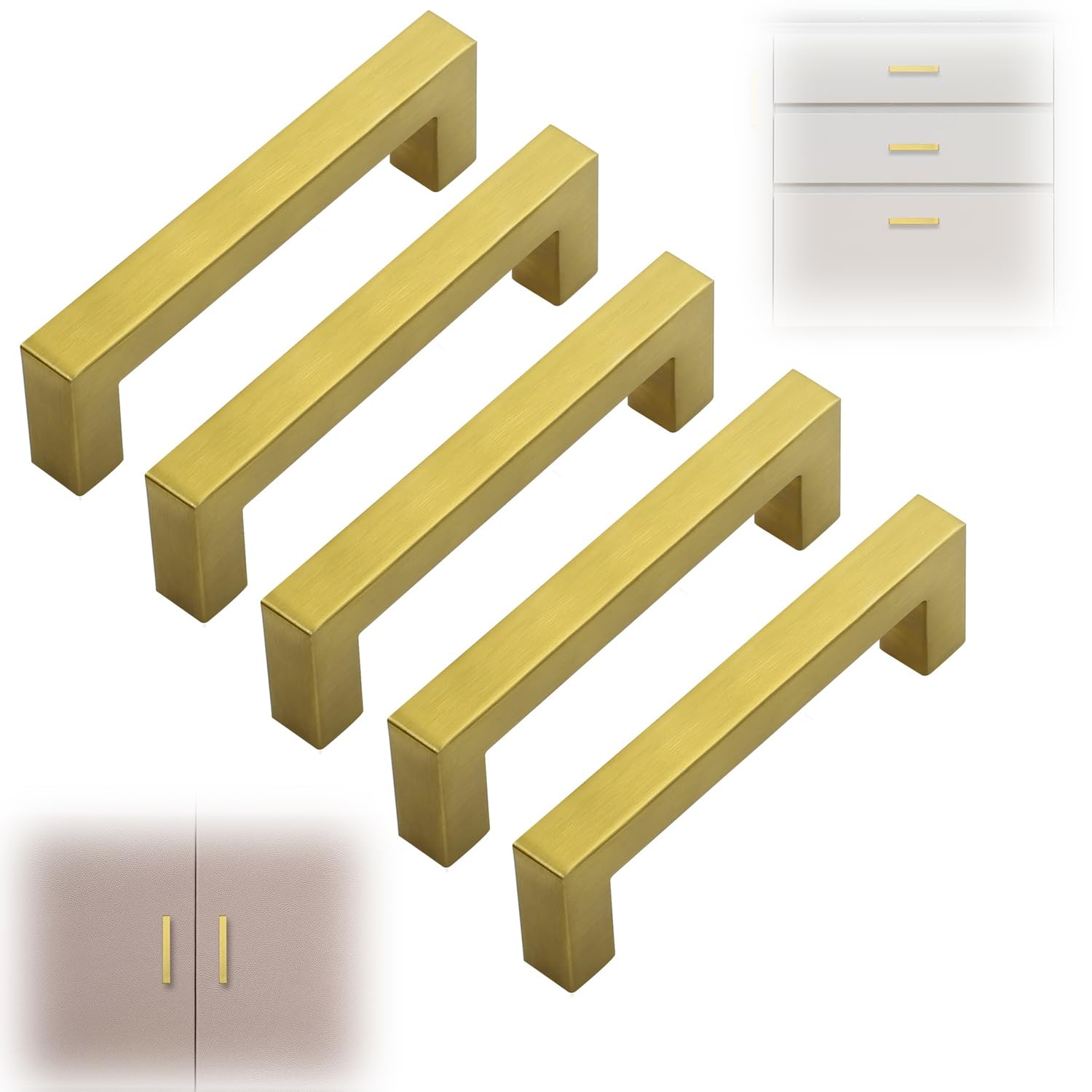 ELECDON 5 Pack Gold Square Cabinet Pulls, Drawer Handle Stainless Steel Modern Hardware for Kitchen and Bathroom Cupboard Dresser Pulls, Center to Center 3-3/4in (96mm) Cabinet Pulls