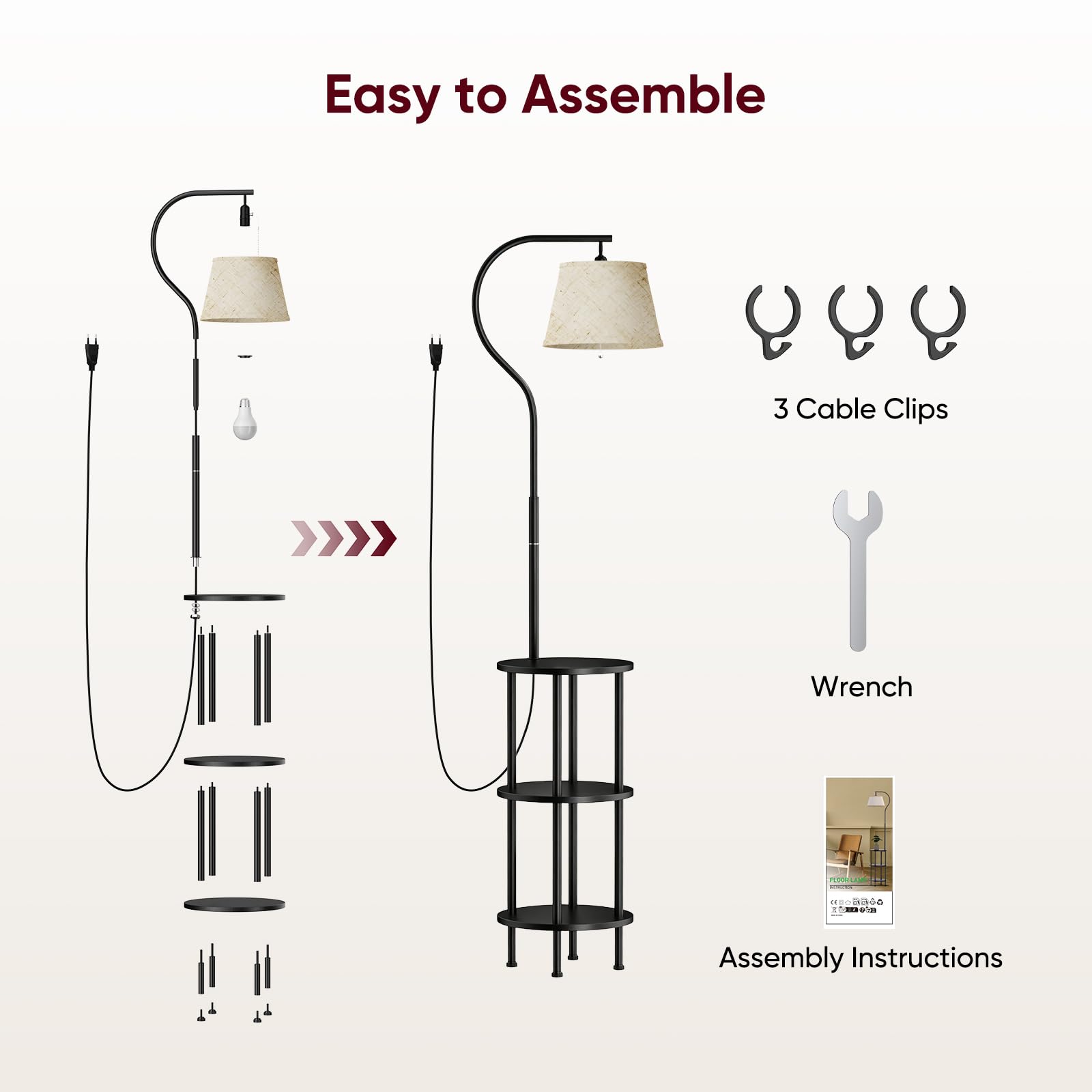 Stehlampe Wohnzimmer mit Ablage, LED Stehlampe, 3 Holzregale | 155 cm Stehlampe mit 3 Holzablagen, 3 Farbtemperaturen, 350° drehbar, E27, für Wohnzimmer, Schlafzimmer & Arbeitszimmer