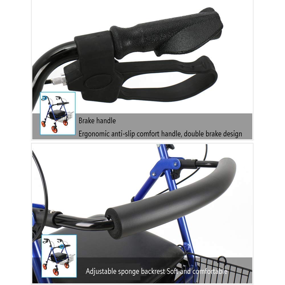 Andador para ancianos, cuatro ruedas, asiento acolchado y respaldo, con frenos bloqueables, cesta para debajo del asiento, ligera, plegable, marco de aluminio, estrella de luz