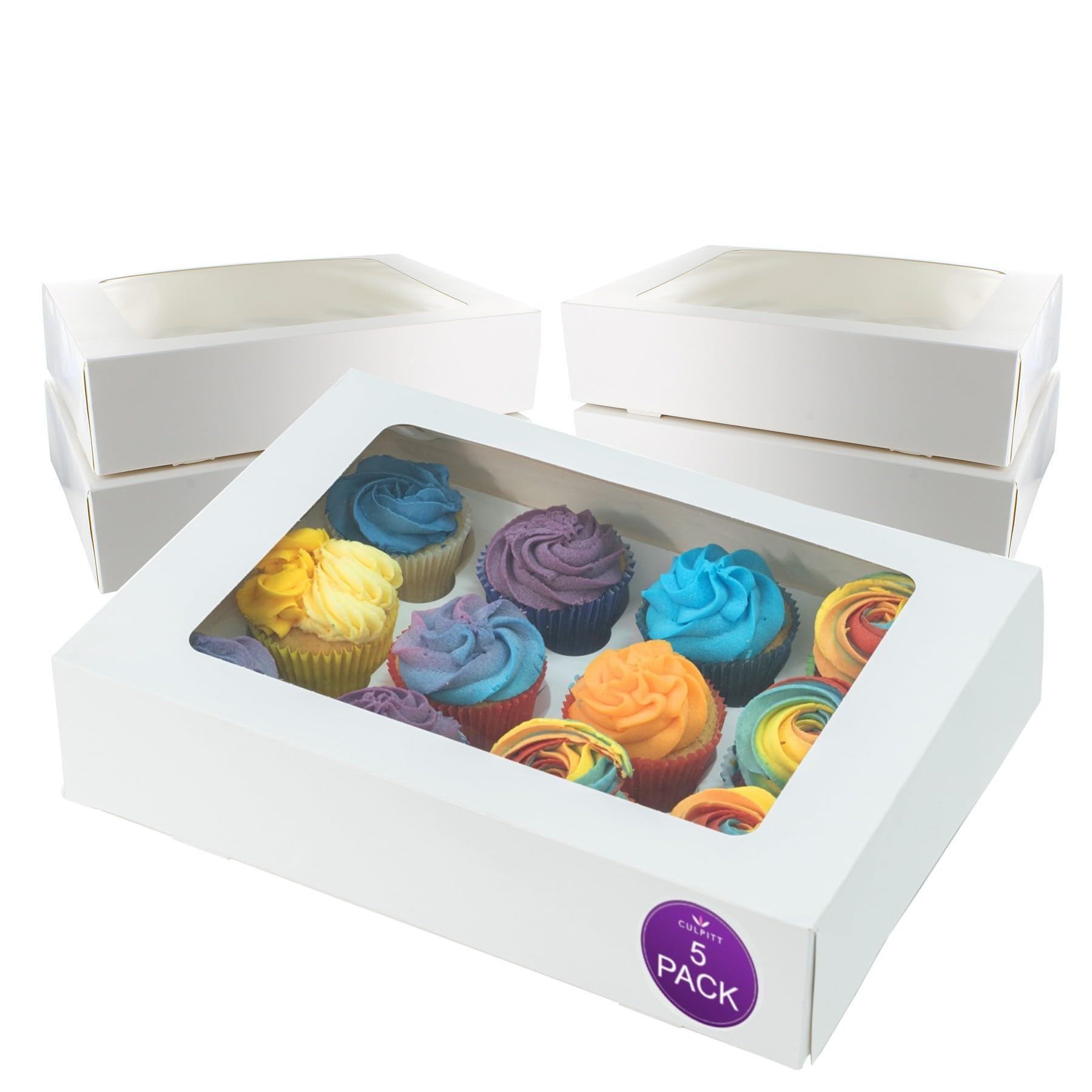 Culpitt 12 Hole Cupcake Boxes, 5 Pack, White Cupcake Box For Carrying And Displaying Tasty Muffins, Fairy Cakes, And Treats