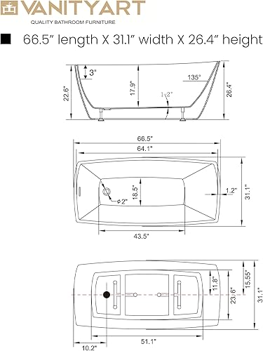 Miniatura 5 de Vanity Art Bañera independiente de acrílico blanco de 67 x 31 pulgadas diseño contemporáneo con drenaje emergente y desbordamiento ranurado incluido