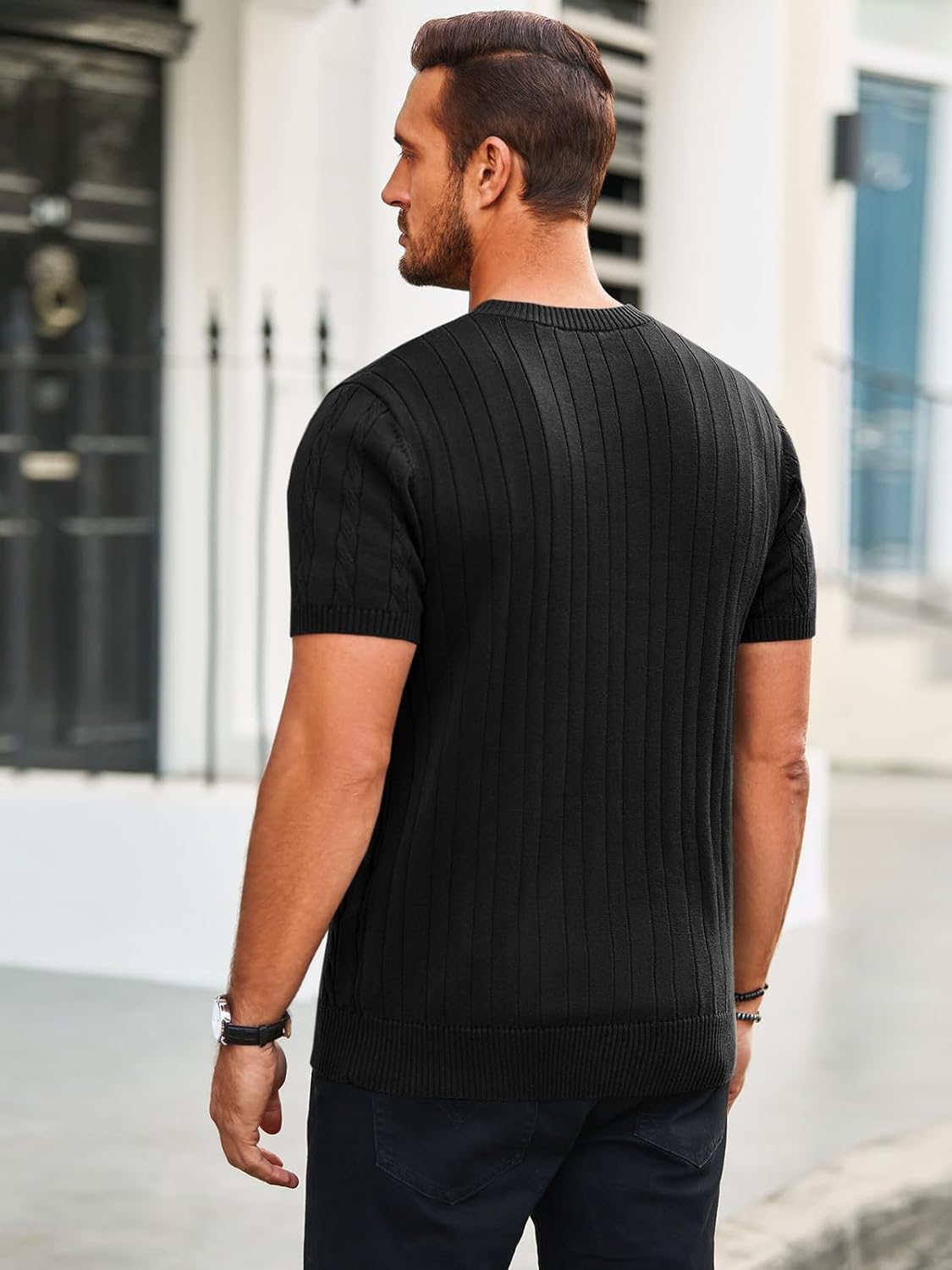 Runcati Mens Knit Short Sleeve T Shirts Casual Crewneck Slim Fit Shirt Cable Knitted Stretch Pullover Tees - Image 4