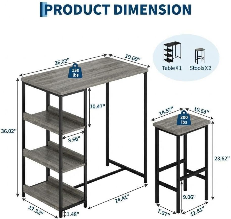 Dining Table Set for 3, 36" Kitchen Table and 2 Stools, Dining Table with Metal Frame & Storage Shelves, 3-Piece Modern Functional Desk Set for Dinette, Small Space, Apartment, Restaurant, Grey