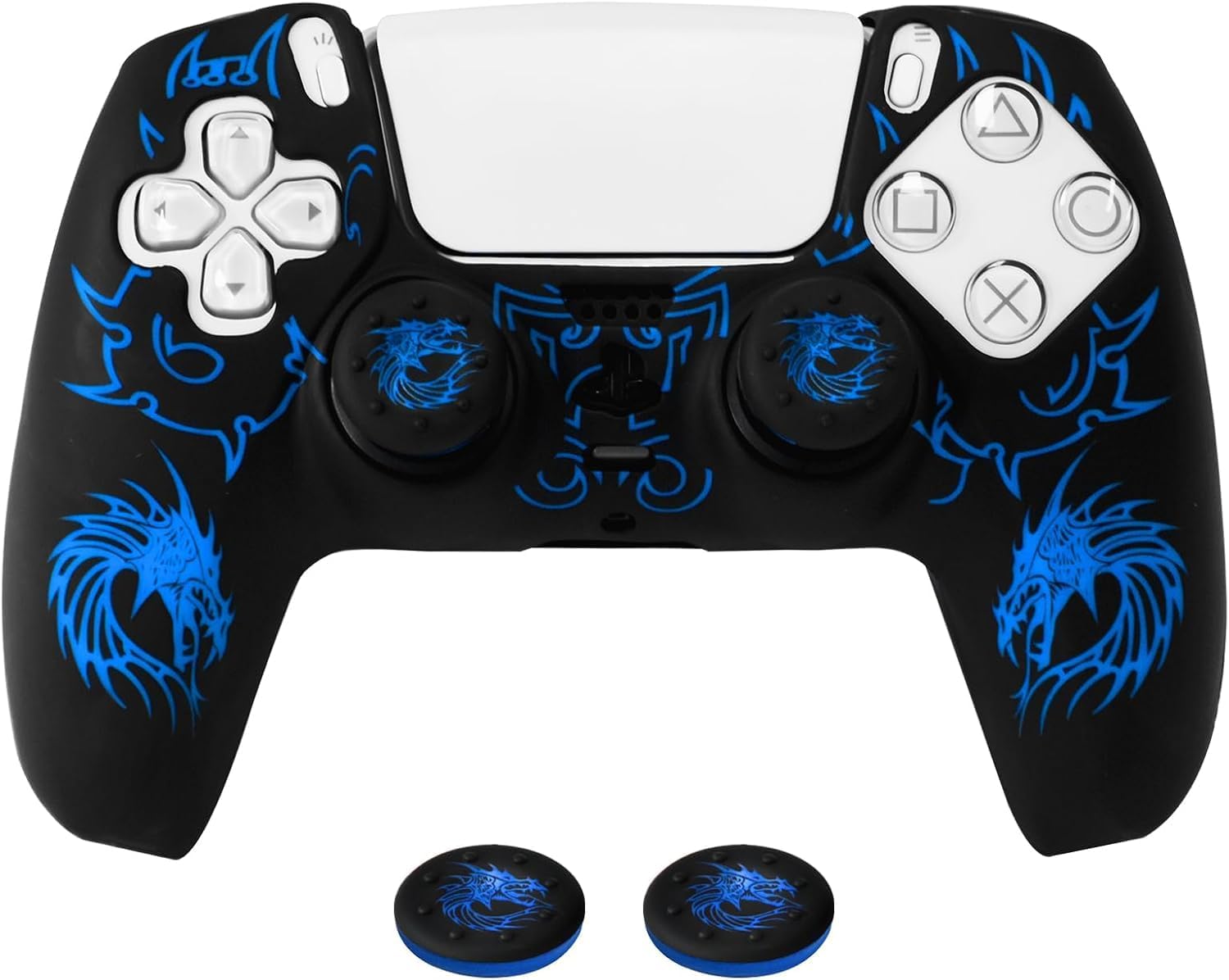 PS5 Controller Silicone Cover with Laser-Engraved Dragon Design Non-Slip Grip Skin + 2 Dragon Thumbstick Caps Protective Case for PlayStation 5 DualSense Controller