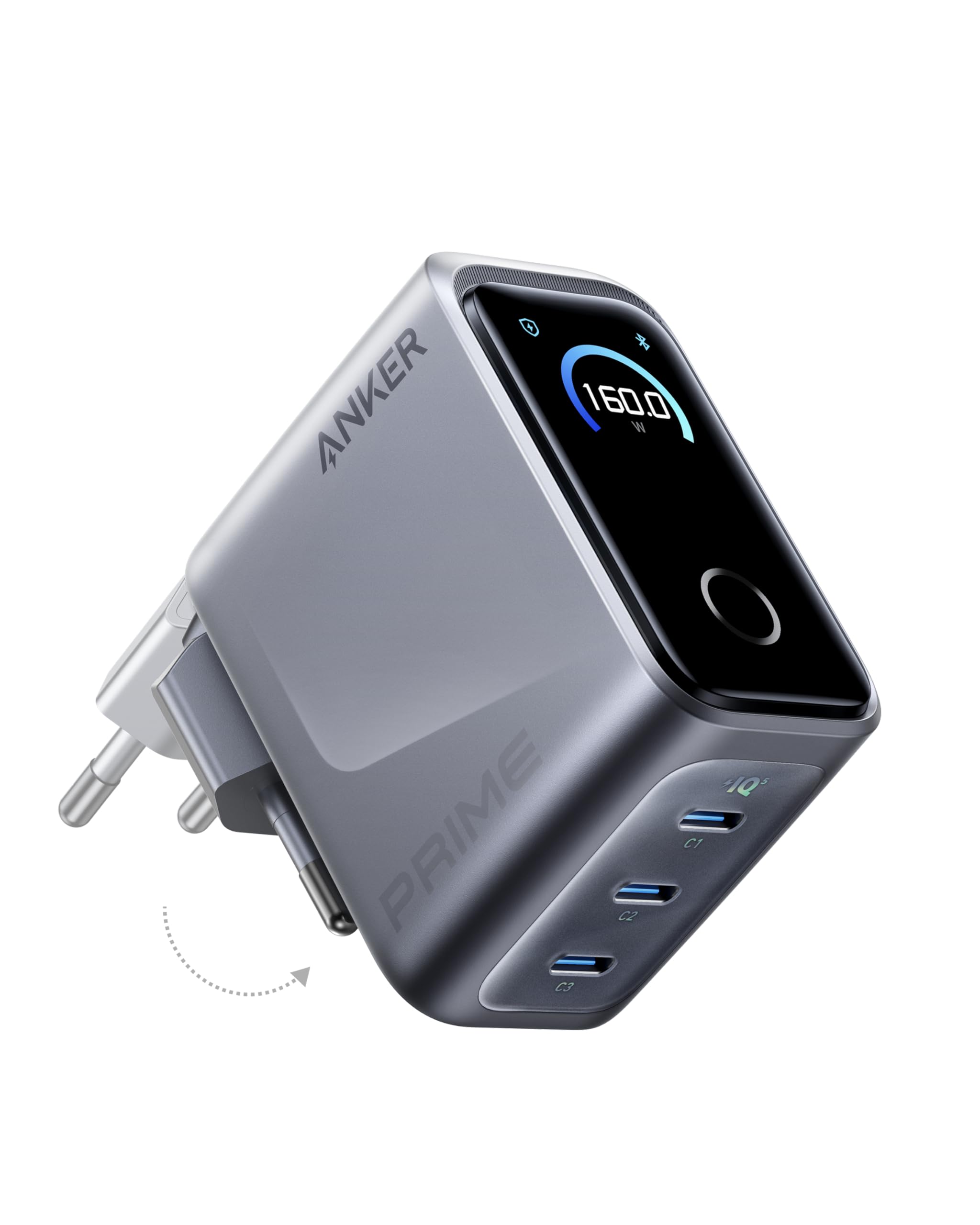 Anker Prime Caricatore USB C 160 W, Blocco Ricarica Compatto USB-C GaN a 3 Porte, Display Smart e Controllo Tattile, Ricaricamrapida da 140W su Ogni Porta per Laptop, MacBook, iPad, iPhone 17/16/15