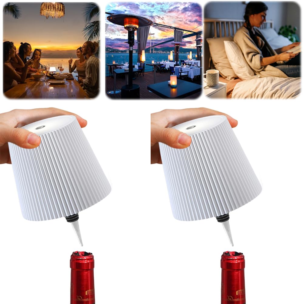 Wireless Bottle Lamp, 3 Colors Dimmable Wine Bottle Light Wireless Lampshade Touch Control LED Wine Bottle Lamp Kit, Dimming Bottle Night Light for Bar Restaurant Bedroom Home Deco (White A, 2PCS)
