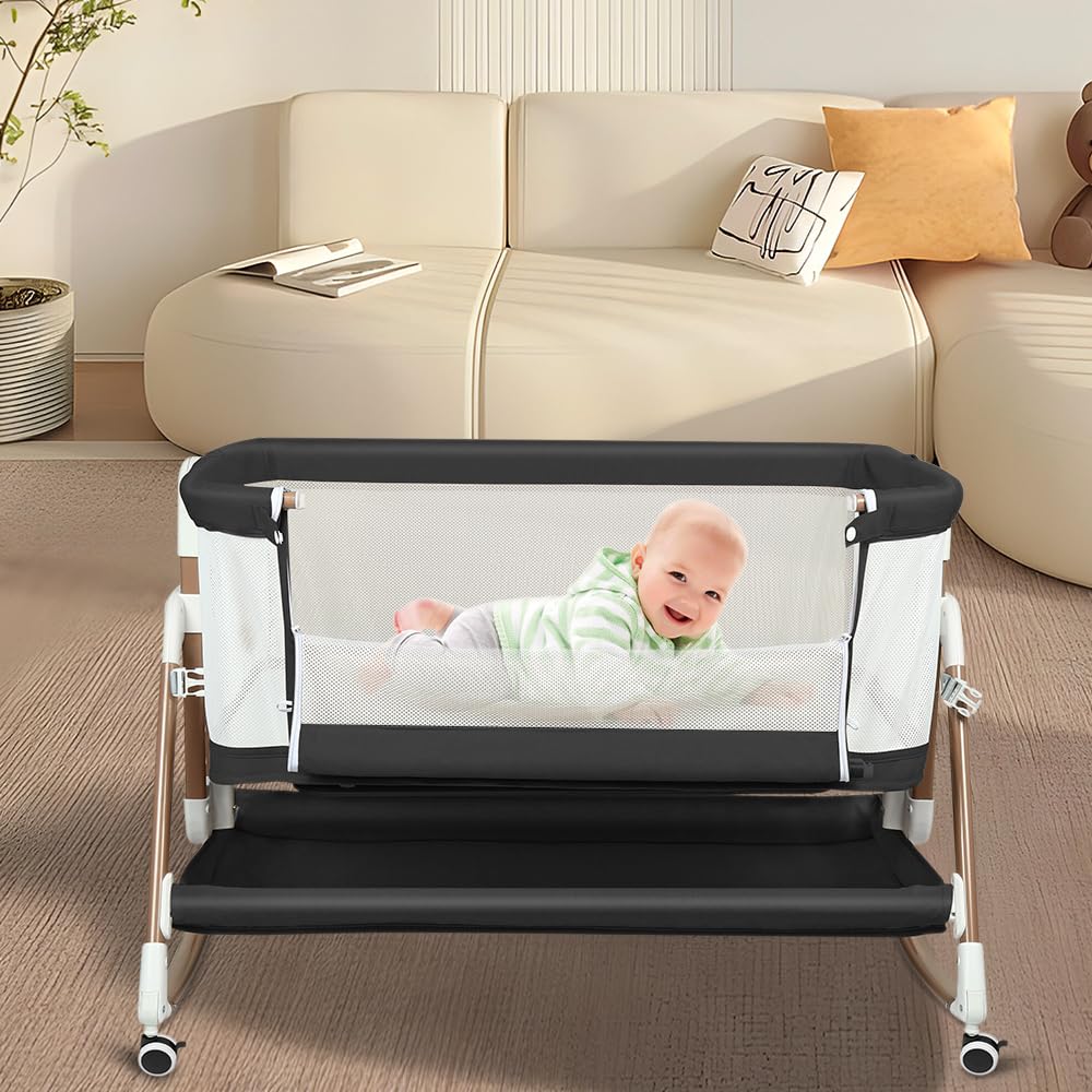 LANTUS Berceau 3 en 1, Lit Cododo, Berceau à Inclinaison, Hauteur réglable sur 6 Niveaux(50-75cm(50-55 - 60-65- 70-75)), jusqu'à 50kg, Roues 360º, Moustiquaire, 90 x 60 x 90-115 cm – Noir + Or
