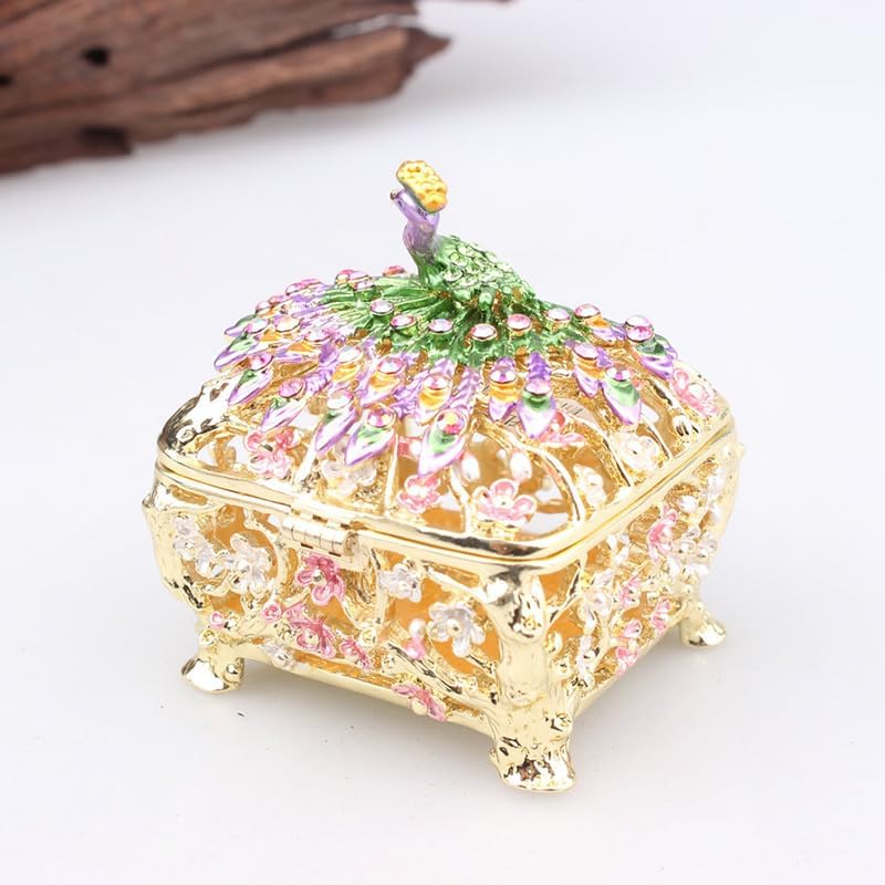 HUFFA Peacock Art Ring Jewelry Box - Elegant Metal Enamel Storage Container for Home Decoration(White)