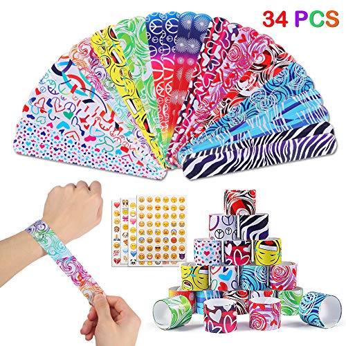 Twister.CK 30pcs Slap Bracelets Slap Poignet pour Enfants et 4pcs Autocollants, Ensemble de Cadeaux de fête avec des Motifs colorés Emoji Coeurs, Sac d'anniversaire Goodie School