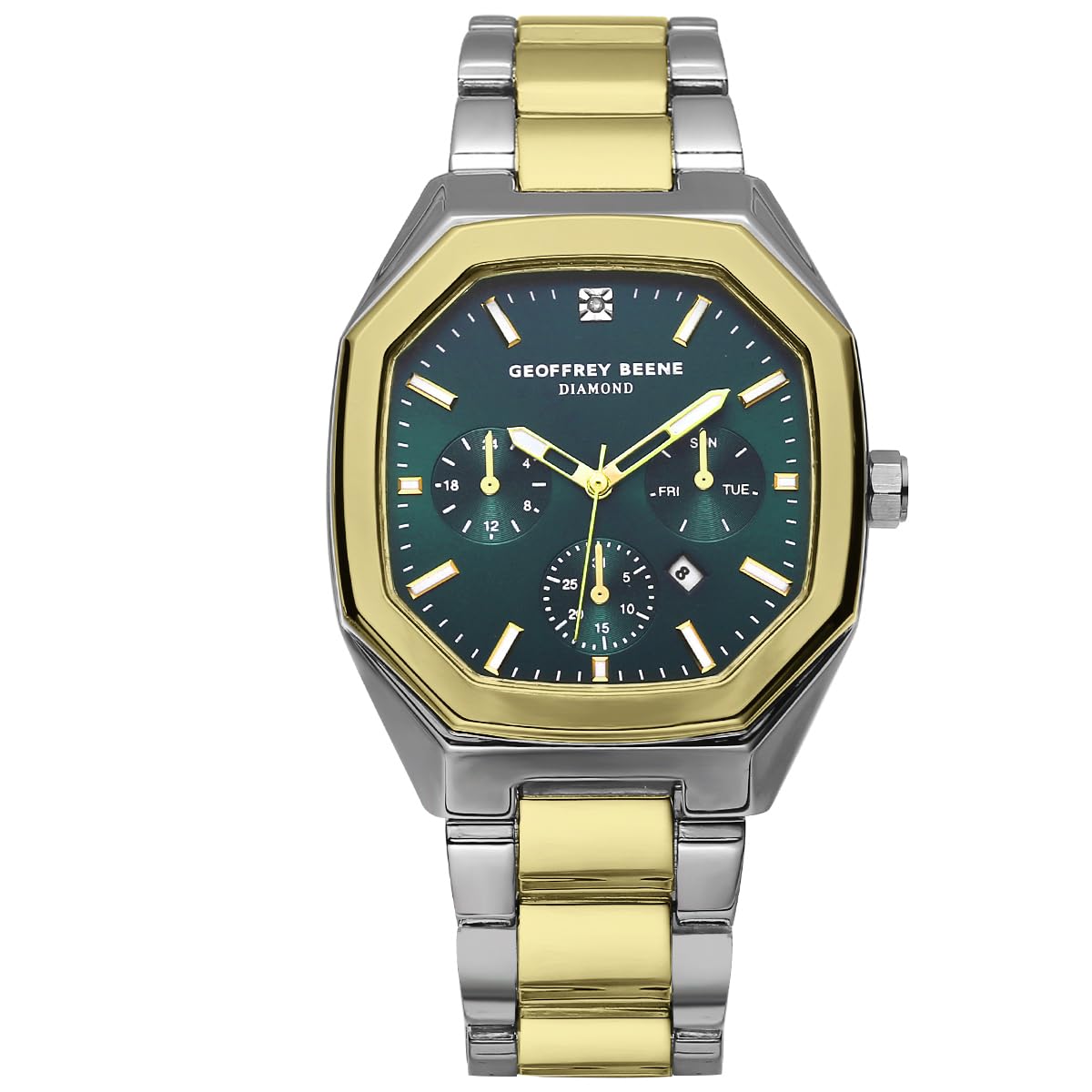 Geoffrey Beene Orologio da uomo in metallo, quadrante con diamanti autentici, al quarzo, datario, design elegante (argento)