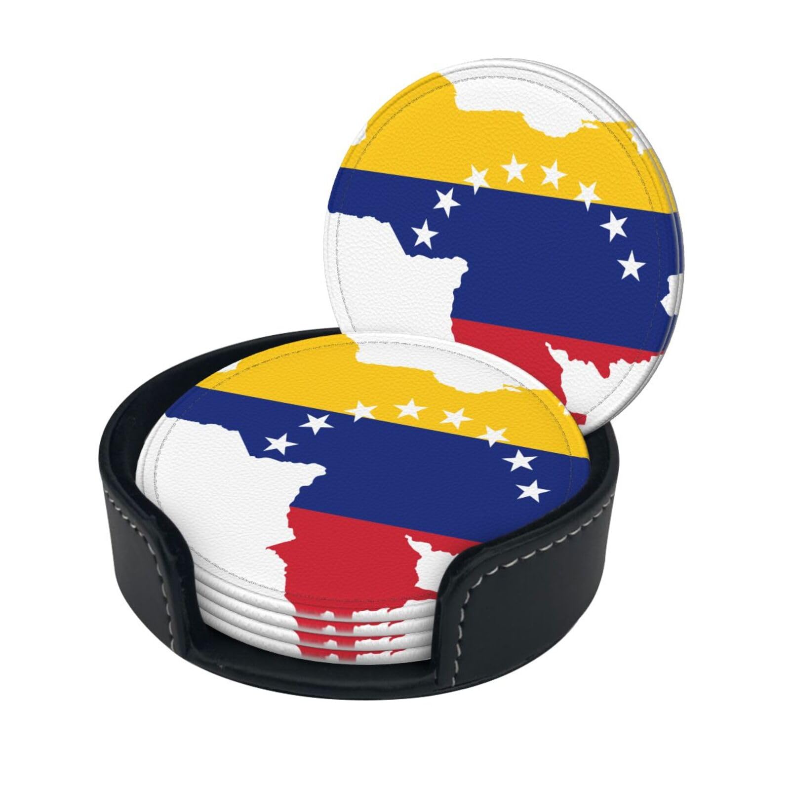 venezuela flag Drink Coasters Set of 6 with Holder Decorative Round Cup Coasters for Coffee Table Kitchen Office Bar