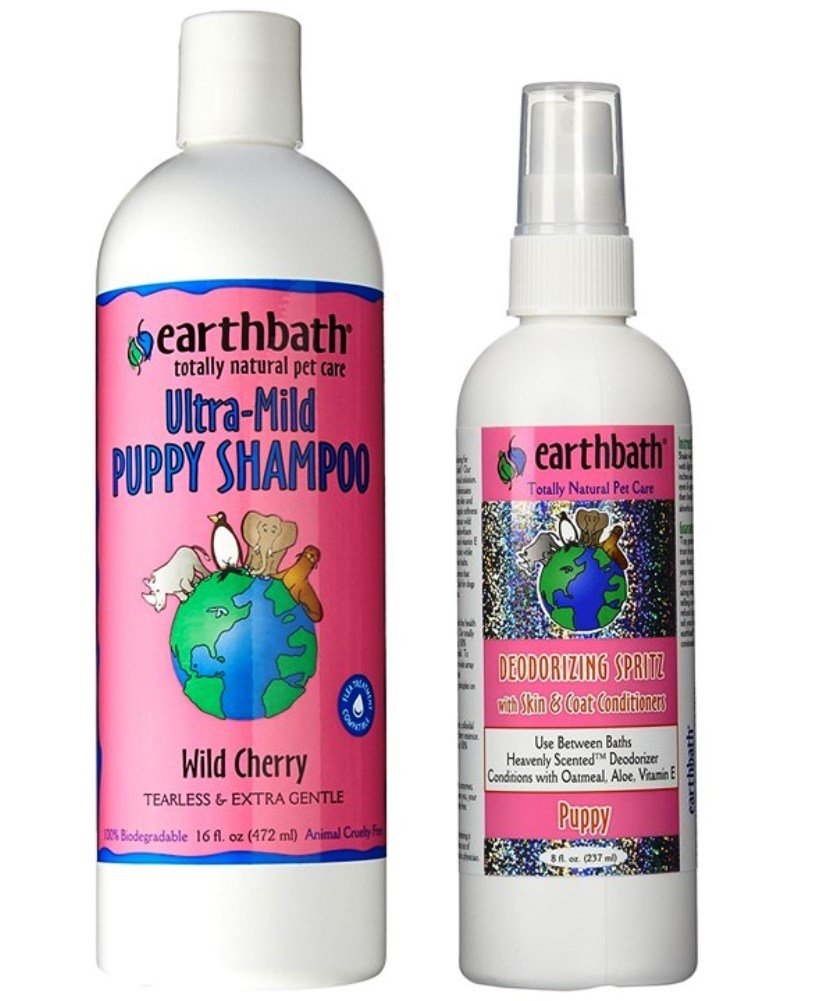 EarthbathPuppy Grooming Bundle - Tearless & Extra Gentle, Made in the USA - Wild Cherry (1 of Each), 16 oz Shampoo & 8oz Spritz