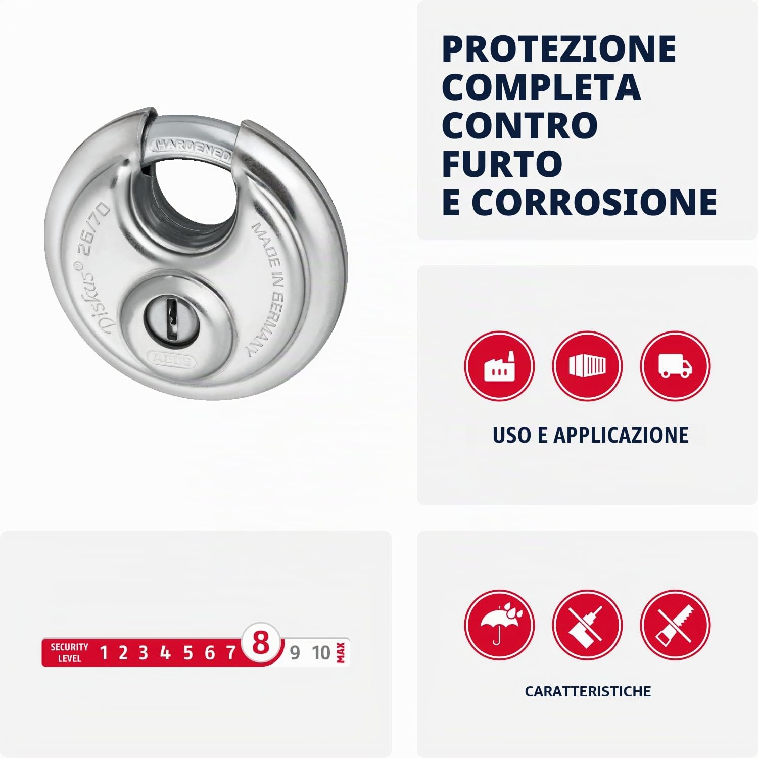 ABUS Lucchetto a Disco 26/70 - Sicurezza Livello 8, Antiforo | Corpo in acciaio inox resistente alle intemperie - arco in acciaio speciale - 70x70x30 mm - 403 g - per furgoni e cantine