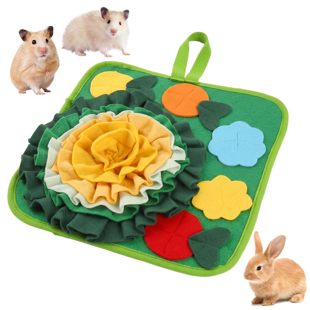 Rabbit Foraging Mat Interactive Fleece Snuffle Toy for Guinea Pig and Small Animal Slow Feeder Boredom Breaker Treat Dispenser with Hanging Loop Washable Activity Play Pad 35x35cm