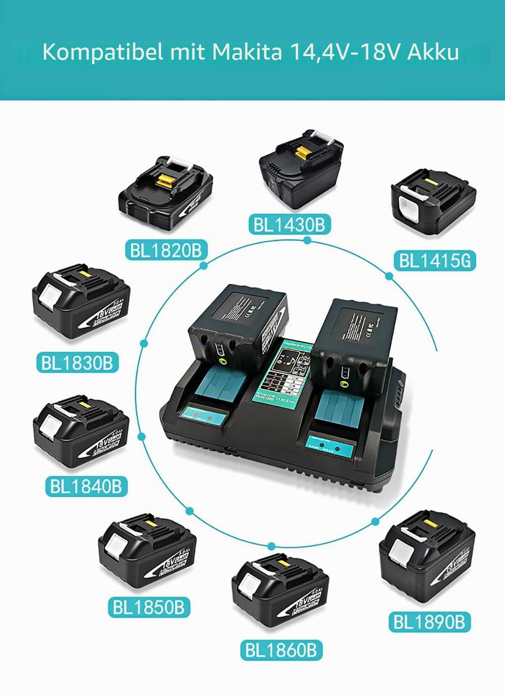Akku Ersatz für Makita Akku 18V 5Ah 2 Stück BL1850B mit Ladegerät 18V Doppelladegerät DC18RD DC18SF Kompatibel mit Rasenmäher DLM432Z 2 x 18v DUC353 DUC355Z DDF485Z