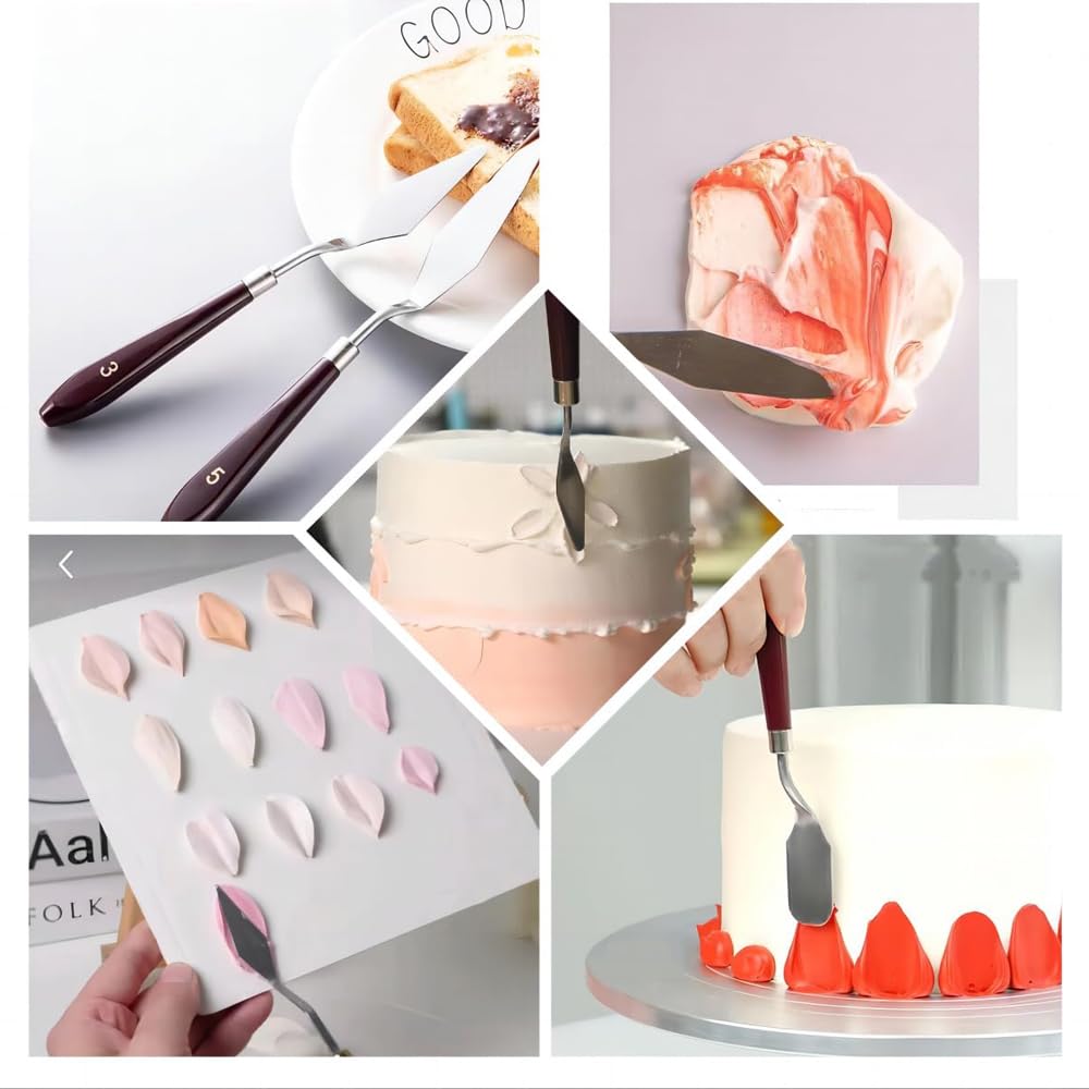 Set Di 5 Spatole Per Decorazione Torte In Acciaio Inox Con Manico In Legno - Spatole Per Crema, Pasta E Glassatura - Accessori Da Pasticceria Professionali - 5