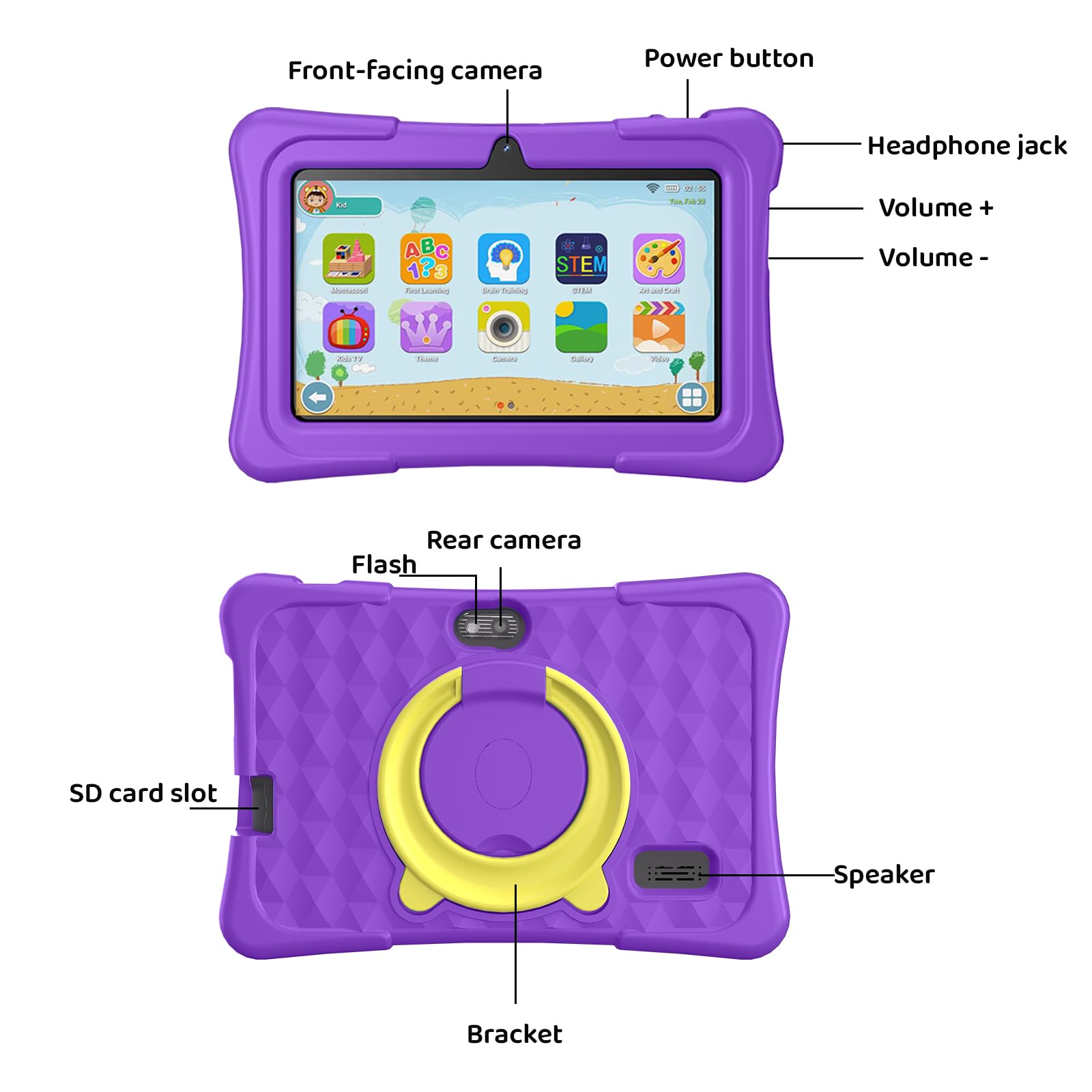 Kids Tablet, 7 inch Android 15 Tablet for Kids, 8GB+32GB 1TB Expand, Quad-Core Toddler Tablets with Shockproof Case, BT5.0, WiFi 5, Parental Control, Games, Dual Camera (Purple)