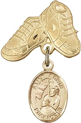14kt Yellow Gold Baby Badge with St. Edwin Charm and Baby Boots Pin 1 X 5/8 inches