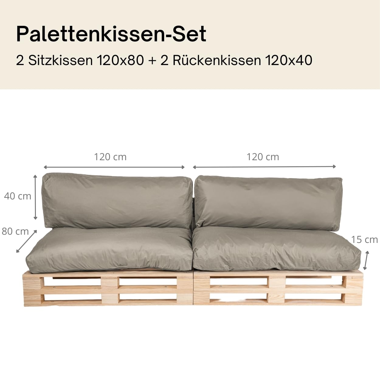 bananair - Palettenkissen Outdoor Wasserdicht & Abnehmbar - Schaumstoffpolsterung, Bequem - Polster Ideal für Europaletten/Palettenmöbel (Set 2 Sitzkissen 120x80 + 2 Rückenkissen 120x40, Hellgrau)