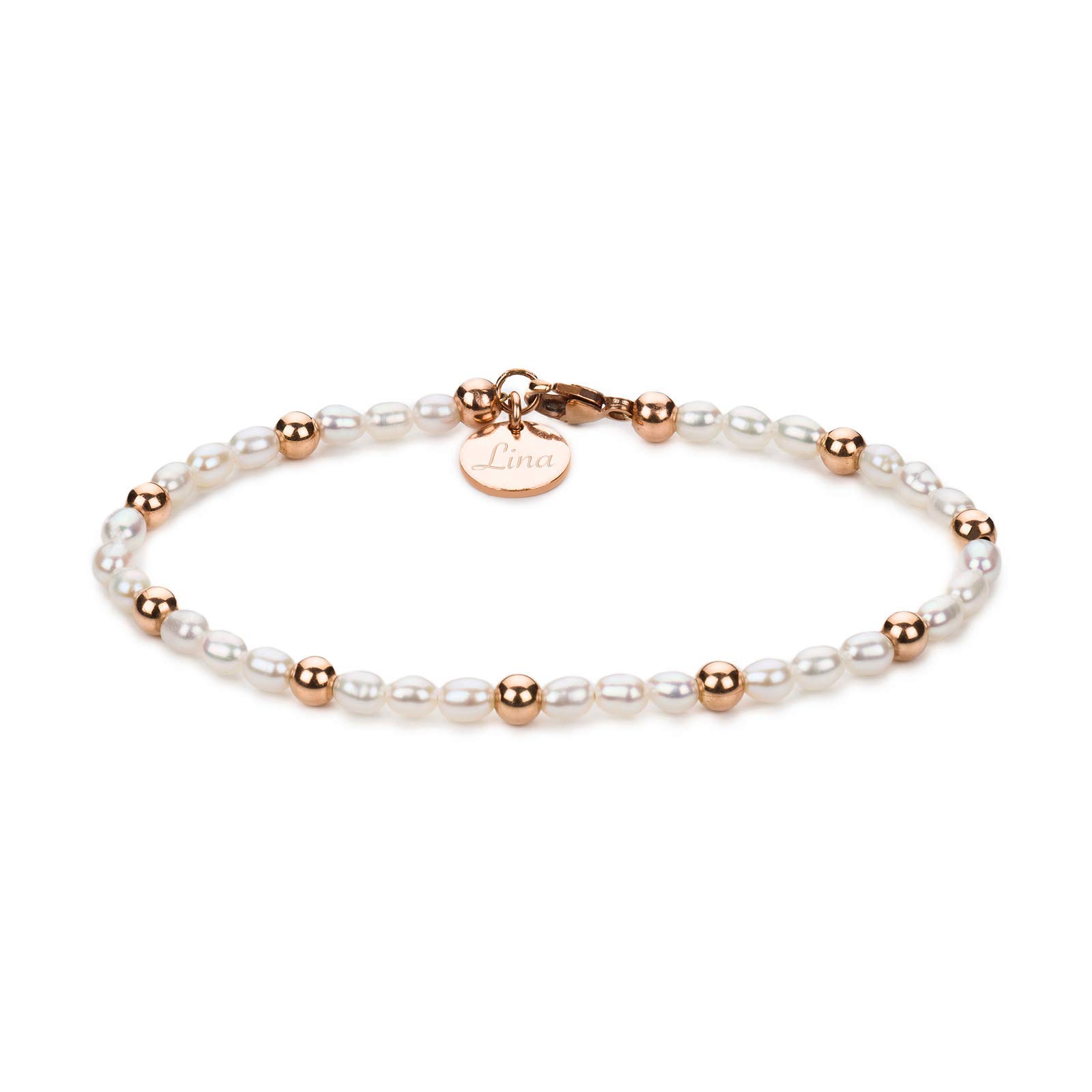 FLEUR Armband mit Gravur Süßwasserperlen 14K Gold Filled oder Rosé Gold Filled | Personalisierter Schmuck | Geschenke für Frauen zum Jahrestag Valentinstag Geburtstag | Perlenarmband | Mit Namen