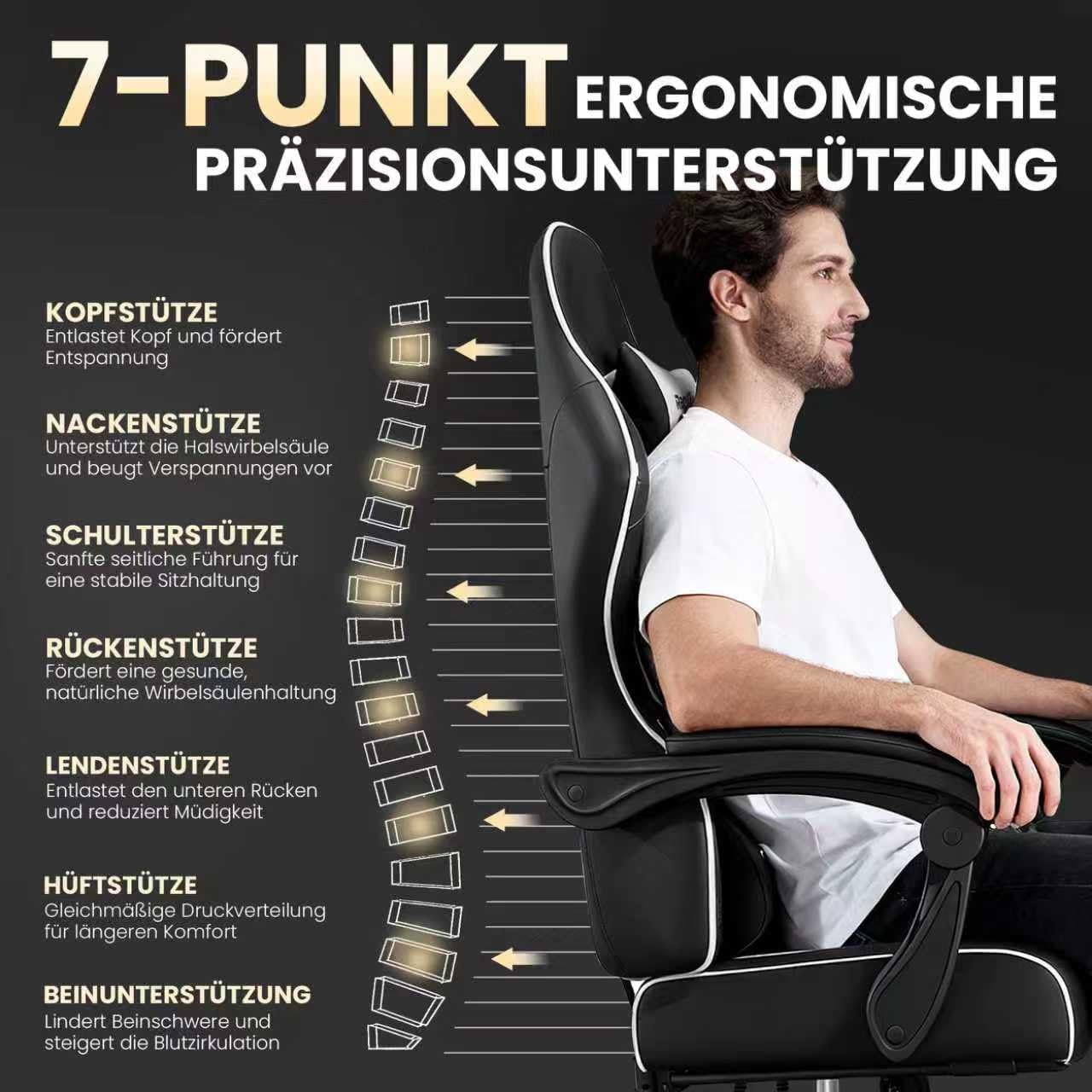 Gaming Stuhl – Ergonomischer Gamer Sessel mit Fußstütze, Kopfstütze und Lordosenstütze, höhenverstellbar, gepolstert, Tragkraft 150 kg, Schwarz