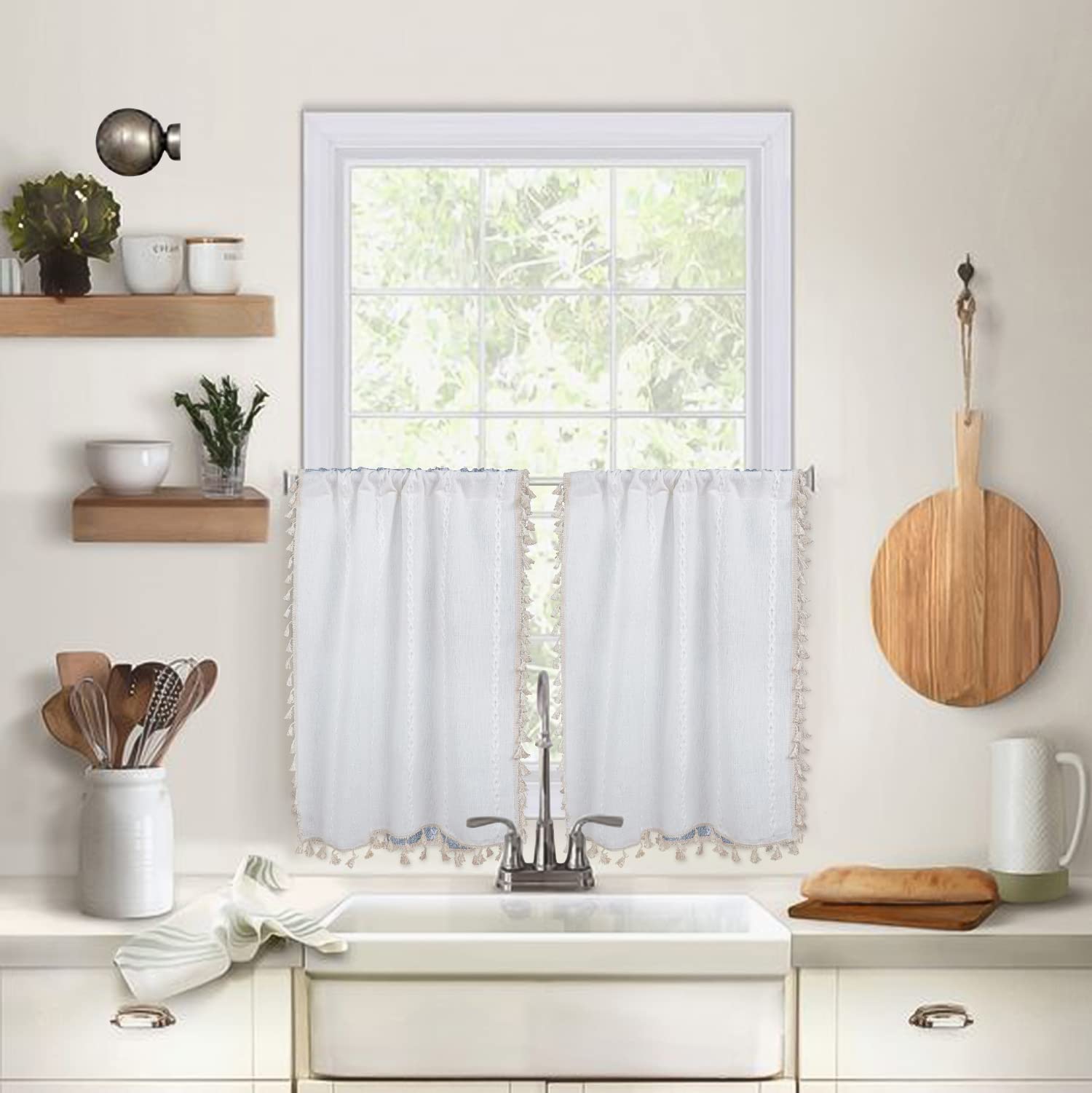 ColorBird Boho Kitchen Curtains 36 inch Length 2 Panels, White Light Filtering Short Cafe Curtains Valances, Embroidered Car Tier Curtains for Laundry Room RV Camper