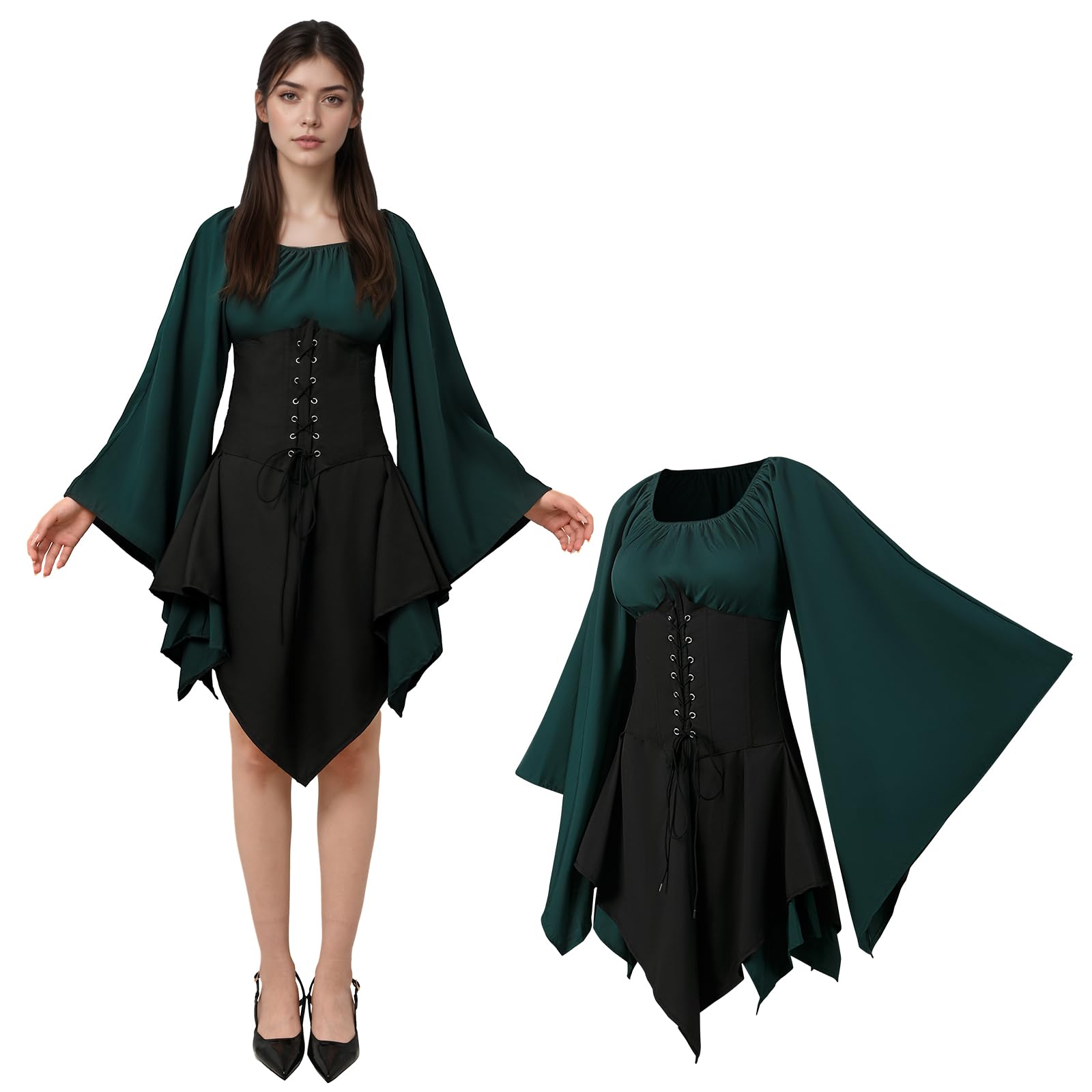 Vestido medieval para mujer con mangas de trompeta, vestido tradicional irlandés para mujer, disfraz de elfo renacentista, vestido gótico para carnaval, disfraz, cosplay, fiesta de Halloween